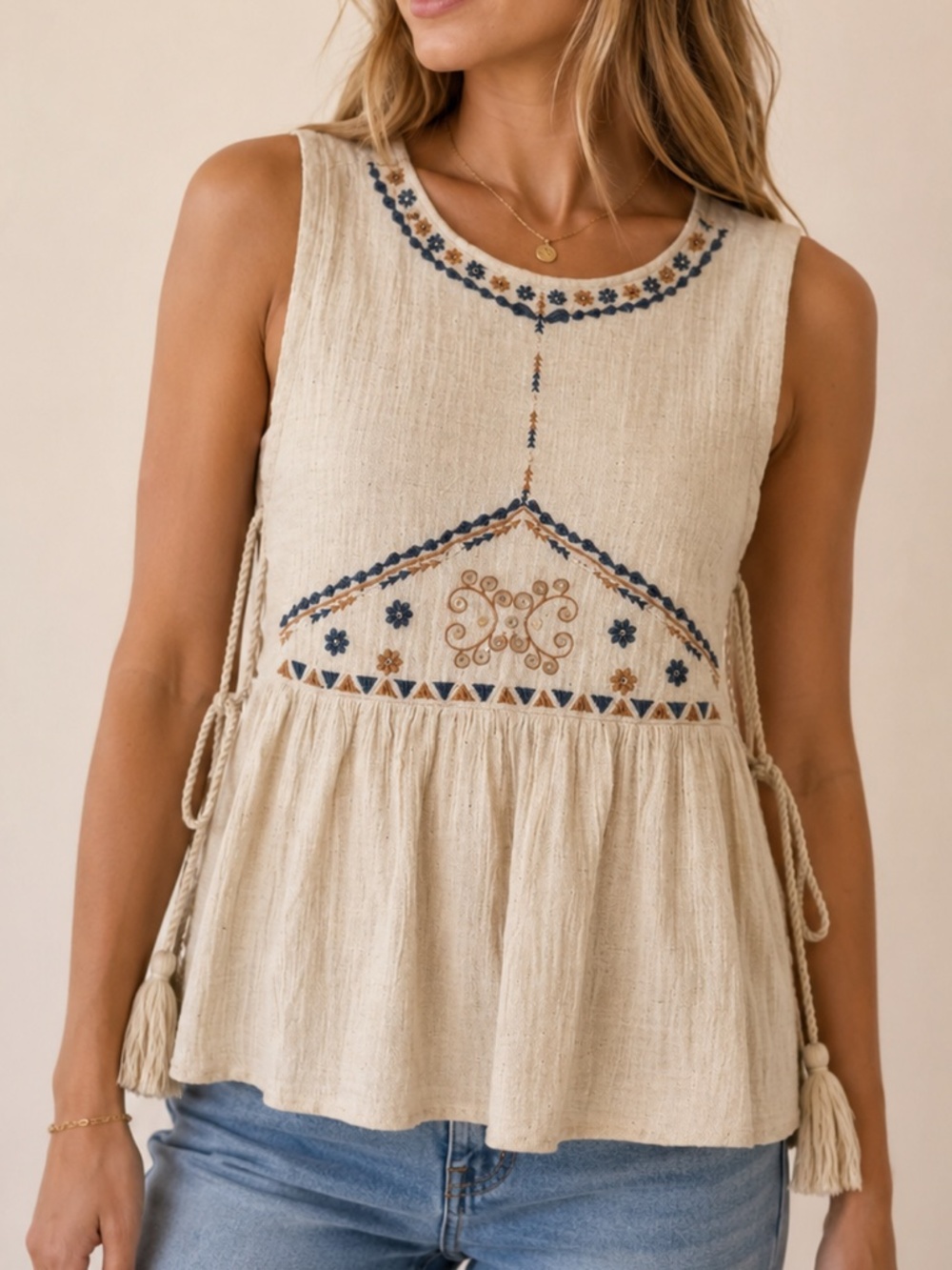 Lua Nova Embroidered Gauze Tank Top Small Boho Cotton Tie Side